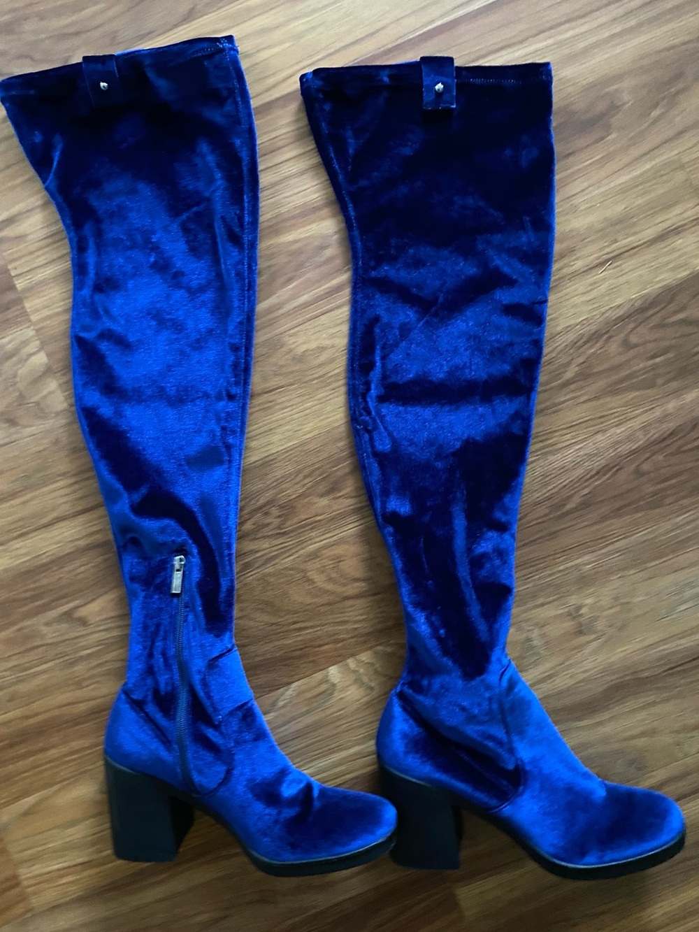 Blue Velvet Over-the-Knee Block Heel Boots